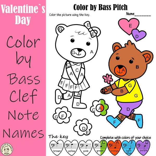 Valentine’s Day Music Coloring Pages | Color by Bass Clef Note Names