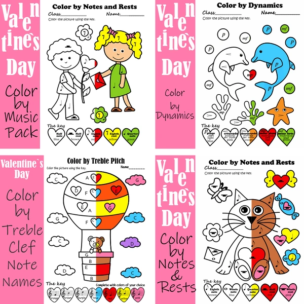 Valentine`s Day Music Coloring Activities Bundle | Color by Note