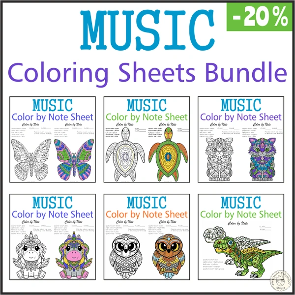 Music Coloring By Note Worksheets Bundle | Animals Mandala Style