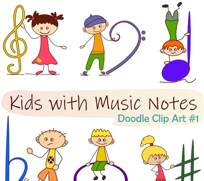Kids with Music Notes and Symbols Doodle Clipart #1