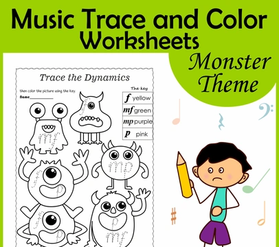 Monster Theme Music Tracing and Coloring Worksheets