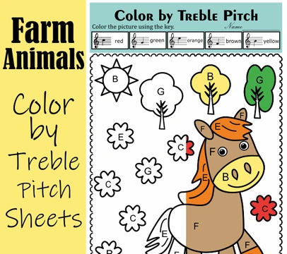 Farm Animals Music Coloring Activities | Color by Treble Clef Note Names