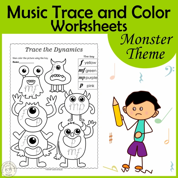 Monster Theme Music Tracing and Coloring Worksheets