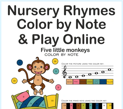 Five Little Monkeys Nursery Rhythm | Online Music Game & Color By Note Worksheet