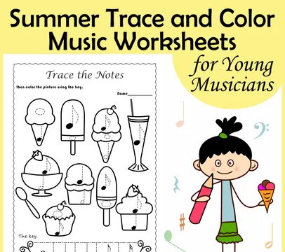 Summer Trace and Color Music Worksheets
