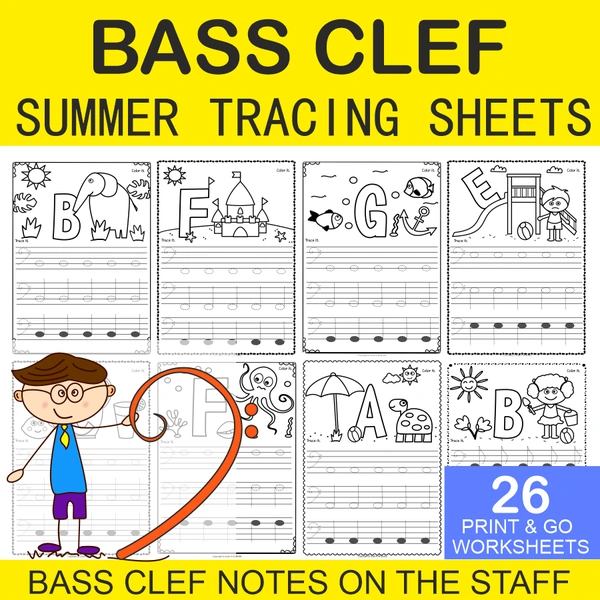 Bass Clef Tracing Music Notes Worksheets for Summer