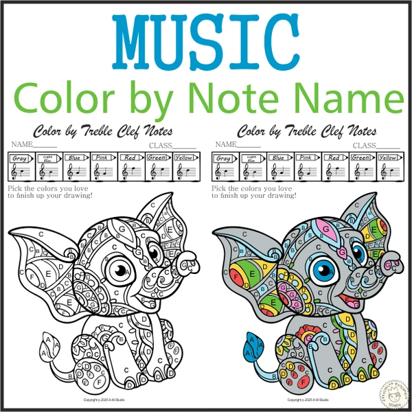 Music Coloring by Treble Clef Note Names Sheet | Mandala Style | Cute Elephant