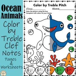 Image for Ocean Animals Color by Treble Clef Note Names Pages and Worksheets product