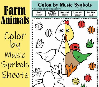 Farm Animal Themed Music Symbol Coloring Sheets for Kids