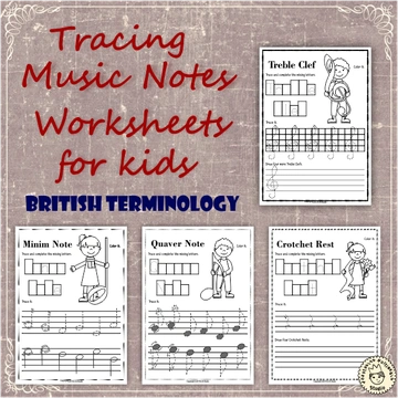 Tracing Music Notes Worksheets for kids {British Terminology}