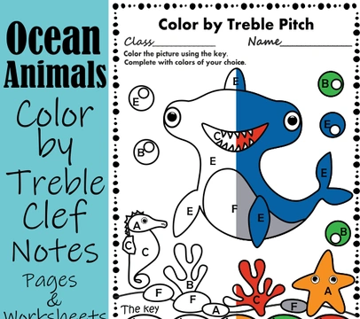 Ocean Animals Color by Treble Clef Note Names Pages and Worksheets