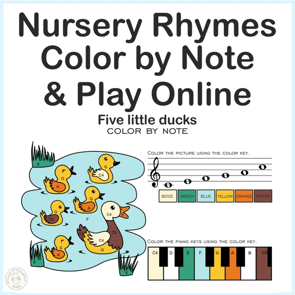 Five Little Ducks Nursery Rhythm | Online Music Game & Color By Note Whorksheet