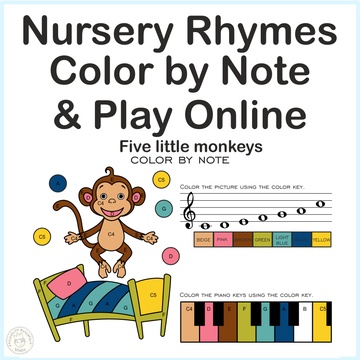 Five Little Monkeys Nursery Rhythm | Online Music Game & Color By Note Worksheet