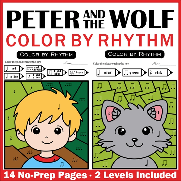 Music Coloring by Rhythm Worksheets - Peter and the Wolf Music Sub Plans