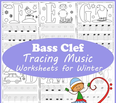Bass Clef Tracing Music Notes Worksheets for Winter