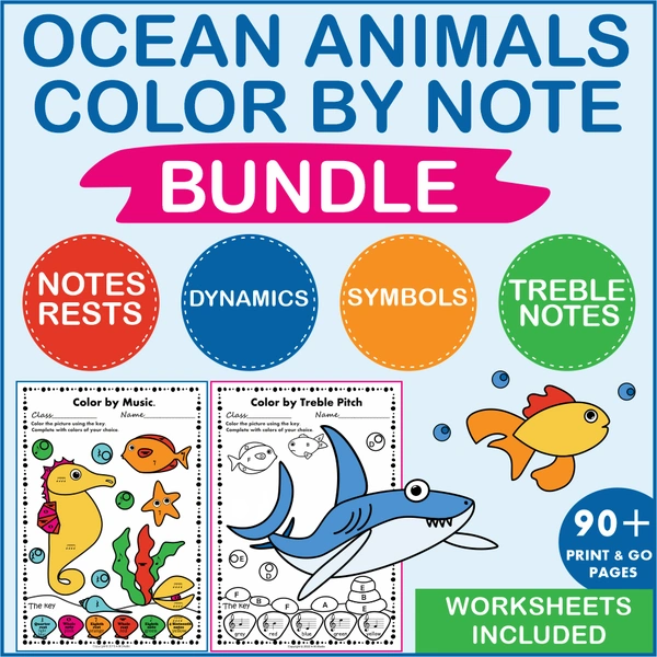 Ocean Animals Music Coloring Pages & Worksheets Bundle