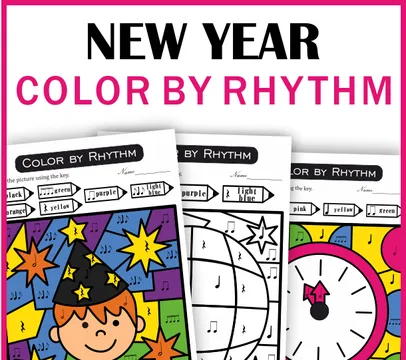 Happy New Year Color by Music Rhythm Worksheets