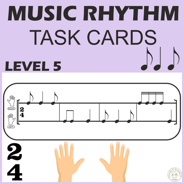 Music Rhythm Task Cards for Beginners | Level 5 _ 2/4 Meter | Syn-co-pa