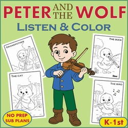 Image for Peter and the Wolf Fun Listening & Coloring Music Worksheets for Kindergarten product