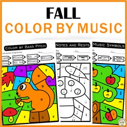 Image for Fall Music Color by Code Worksheets | Note Names | Dynamics | Music Symbols product