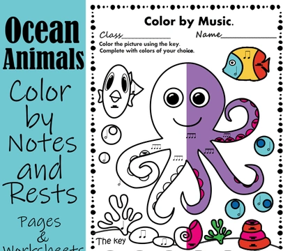Ocean Animals Music Coloring Pages & Worksheets | Color by Notes and Rests