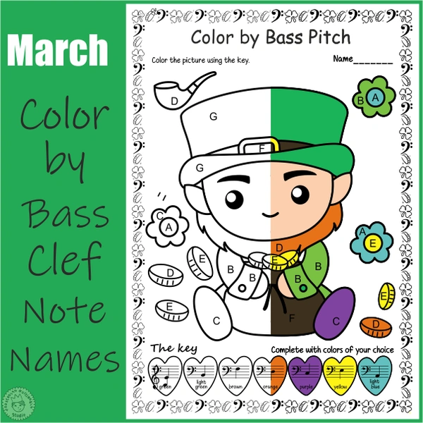 St. Patrick`s Day Music Coloring Pages | Color by Bass Clef Note Names