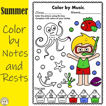 Summer Color by Notes and Rests Music Worksheets