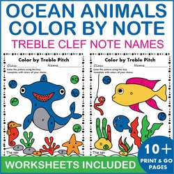 Image for Ocean Animals Color by Treble Clef Note Names Pages and Worksheets product