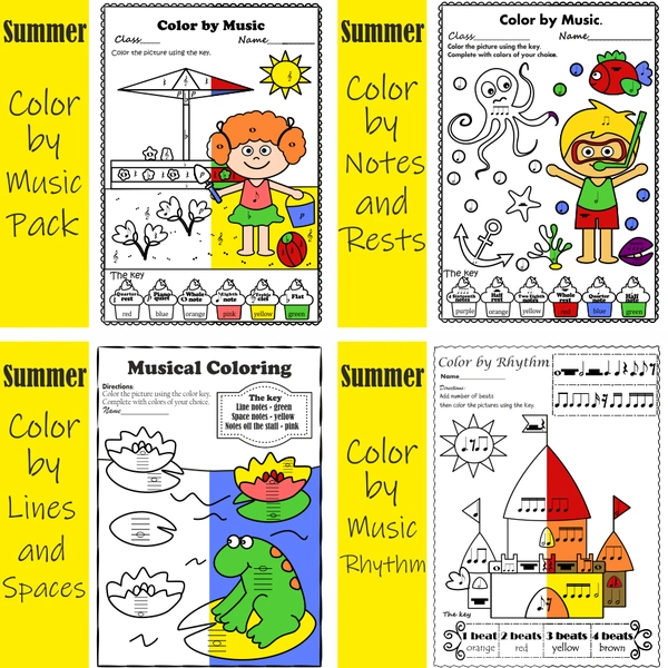Summer themed Music Color by Note Worksheets Bundle