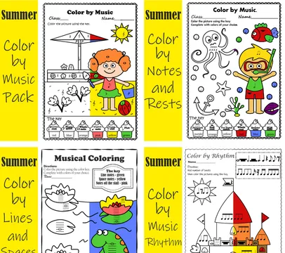 Summer themed Music Color by Note Worksheets Bundle