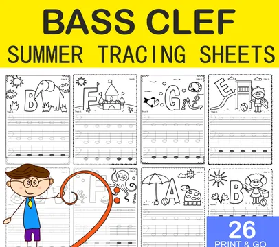 Bass Clef Tracing Music Notes Worksheets for Summer