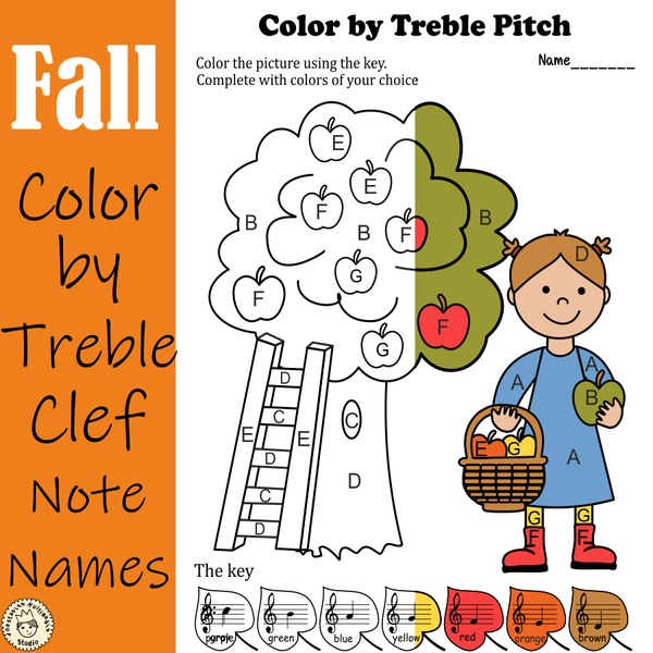 Musical Coloring Pages for Fall {Color by Treble Pitch} with answers