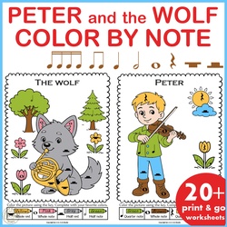 Image for Peter and the Wolf Color by Note Music Worksheets | No Prep Sub Plans product