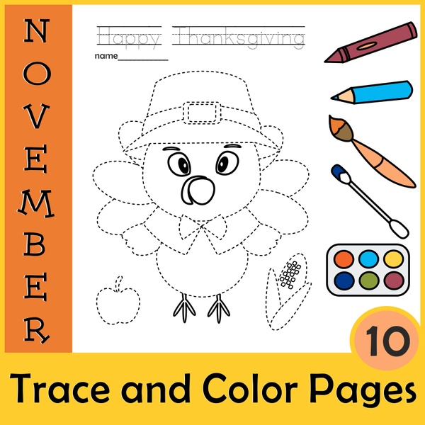 Thanksgiving Trace and Color Pages {Fine Motor Skills + Pre-writing}