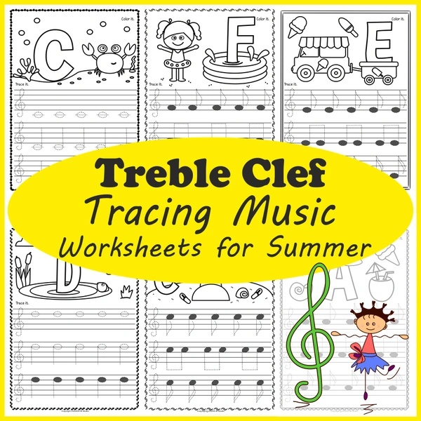 Treble Clef Tracing Music Notes Worksheets for Summer