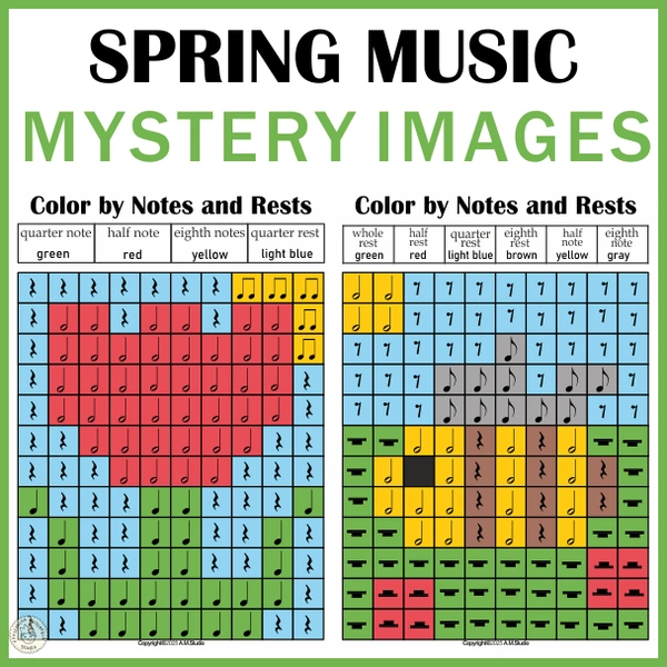 Spring Music Activites - Color by Note Mystery Pictures