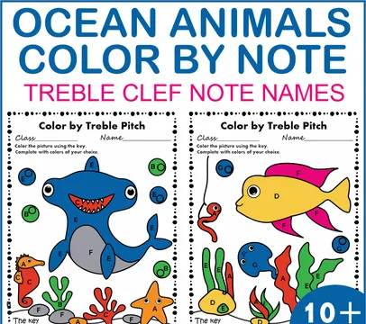 Ocean Animals Color by Treble Clef Note Names Pages and Worksheets
