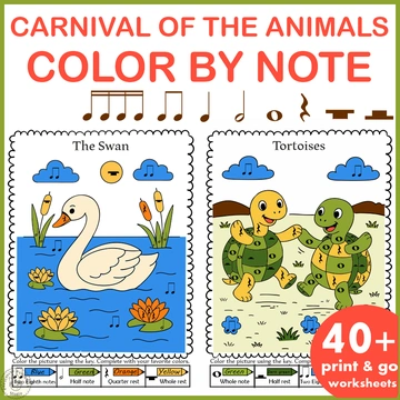The Carnival of the Animals Color by Note Pages | Music Coloring Worksheets
