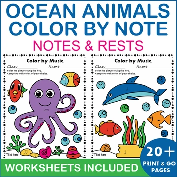 Ocean Animals Music Coloring Pages & Worksheets | Color by Notes and Rests