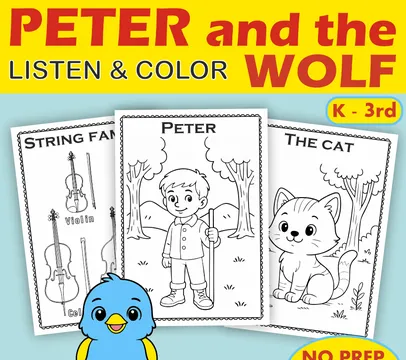 Peter and the Wolf Listen & Color Music Worksheets | No Prep Sub Plans | K–3