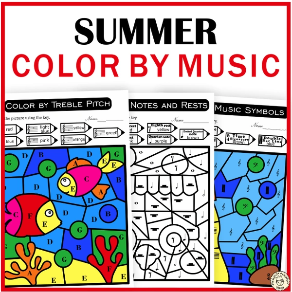 Summer Music Color by Code Pages | Notes Rests Dynamics Treble & Bass