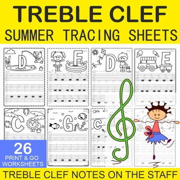 Treble Clef Tracing Music Notes Worksheets for Summer
