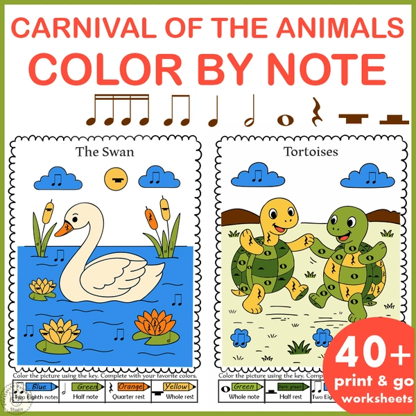 The Carnival of the Animals Color by Note Pages | Music Coloring Worksheets