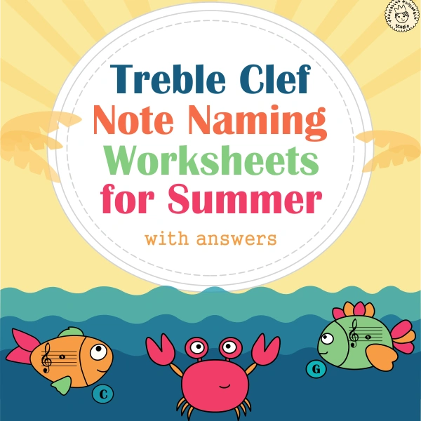 Treble Clef Note Naming Worksheets for Summer with answers