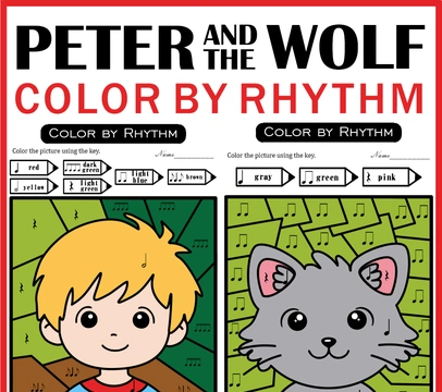 Music Coloring by Rhythm Worksheets - Peter and the Wolf Music Sub Plans