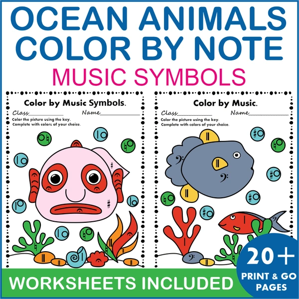 Ocean themed Music Coloring Pages & Worksheets | Music Symbols