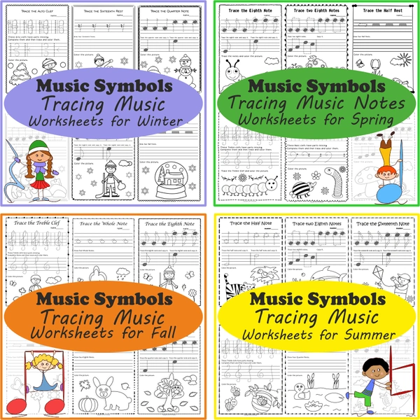 Music Notes and Symbols Tracing Worksheets Seasons Bundle