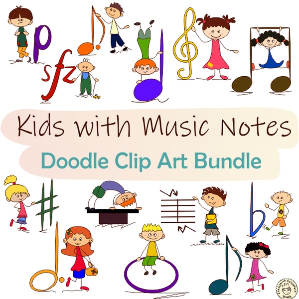 Kids with Music Notes Doodle Clipart Bundle