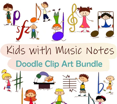 Kids with Music Notes Doodle Clipart Bundle