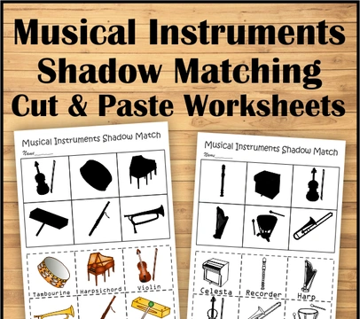 Musical Instruments Shadow Matching Cut and Paste Worksheets